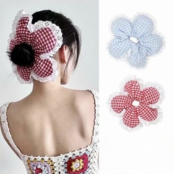Scrunchies đỏ xanh mẫu lưới hình hoa - Phụ kiện tóc nữ thời trang
