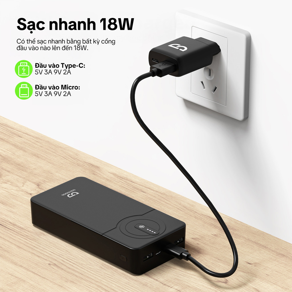 GOOJODOQ 20000mAh Power Bank Sạc nhanh USB Sạc Đèn LED di động 22,5W cho quạt điện thoại Pad | BigBuy360 - bigbuy360.vn