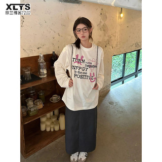 Xin LAN YA SHE Áo thun nữ dài tay cotton màu trơn in hình cổ tròn