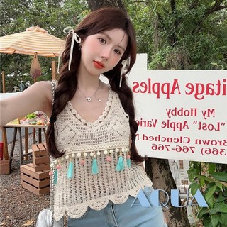Anana-áo xe tăng dệt kim dành cho nữ Khoen rỗng Hoa tròn bóng tua rua Viền viền gợn sóng Áo cổ chữ V không tay