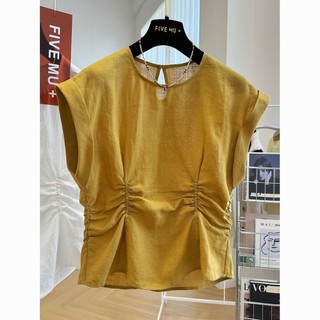 Yuewen Thiết Kế Cảm Giác Sang Trọng Eo Xếp Ly Mỏng Hơn Nhìn Không Tay Top Nữ Phong Cách Mới Mùa Hè Mỏng Áo Sơ Mi Sang Trọng Nhỏ