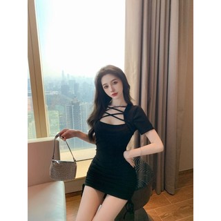 Đầm ngắn tay Daxingzhe Cross dành cho nữ Dây rút xếp ly Skinny Váy một bước cay eo hẹp màu trắng @