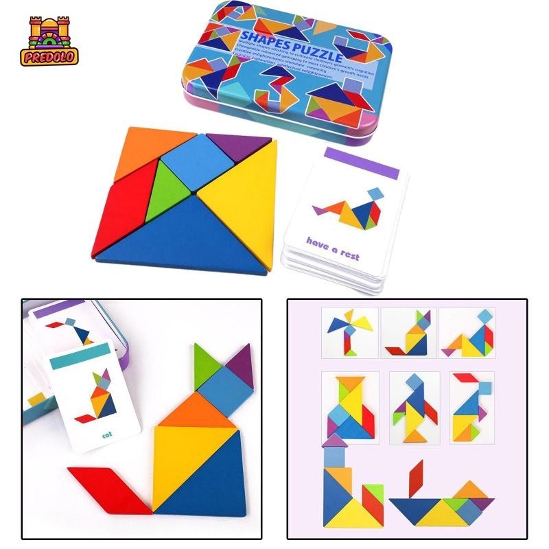 Predolo Tangram Puzzle Pattern Block Game Challenge IQ Toy 120 Patterns nhiều màu