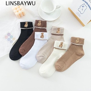 Vớ Cotton Cổ Cao Thoáng Khí Màu Trơn Thêu Hình Gấu Dễ Thương Cho Nữ