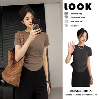 Áo thun Cotton mỏng vừa vặn ngắn tay nữ mùa hè 2024 Phong cách Hàn Quốc mới Ins viền không đều Crop Top