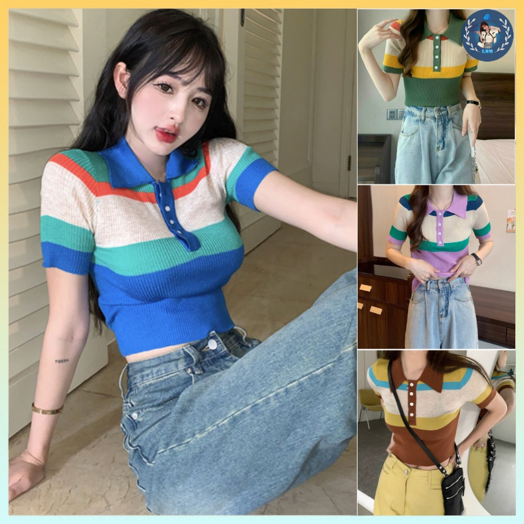💥[A149] Áo len thun Montoghi dệt kim HÀNG KHUY CỔ phối màu KEM kiểu đơn giản thanh lịch - L2M