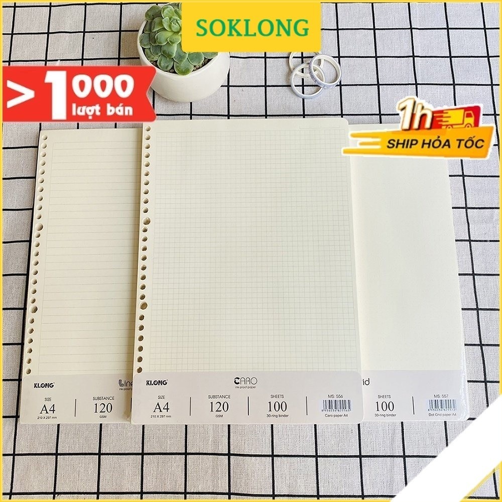 Ruột sổ còng Klong A4 gồm 100 tờ caro, dotgrid, kẻ ngang định lượng cao, giấy refill binder Klong