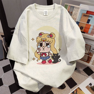 Áo phông kiểu hàn quốc nữ xám ghi form rộng cổ tròn áo thun Thủy thủ mặt trăng in hình 100% cotton SALMO local brand T1642