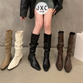  Phong Cách Anh Y2K Mũi Nhọn Cao Tay Thời Trang Giày Bốt PU Màu Trơn Da Xếp Ly Cọc Giày Sinh Viên Giá Rẻ Thời Trang Sang Trọng Giày Bốt Nữ Nhà Máy Giá Bán Buôn 