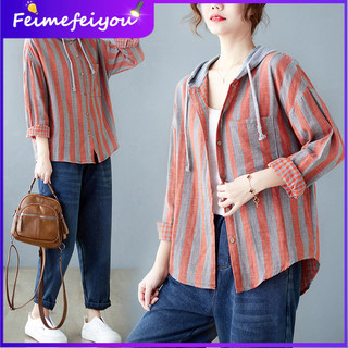 Mới Thường Ngày Phong Cách Đường Phố Sợi Cotton Hai Lớp Nữ Sọc Áo Sơ Mi Tay Dài