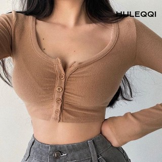HULEQQI Áo thun dài tay xếp ly Polyester nữ