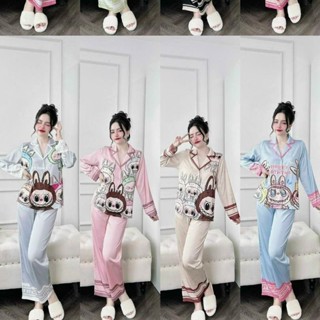 (40-72kg)Đồ bộ pijama tay dài quần dài LABUBU lụa xước thiết kế mới dễ thương, pijama nữ, đồ bộ pizama lụa xước mềm mịn