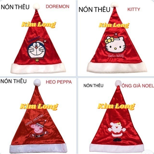 Nón Noel nhung đẹp thêu hình ông già noel chuông doremon phụ kiện trang phục noel ngày lễ giáng sinh