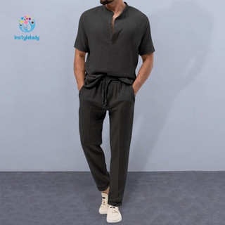 Instylelady Bộ quần ngắn tay và lưng đàn hồi Bộ quần Áo nam Bộ trang phục mùa hè cho nam có cổ đứng Áo thun và quần thắt lưng co giãn Thời trang và cho Southeas