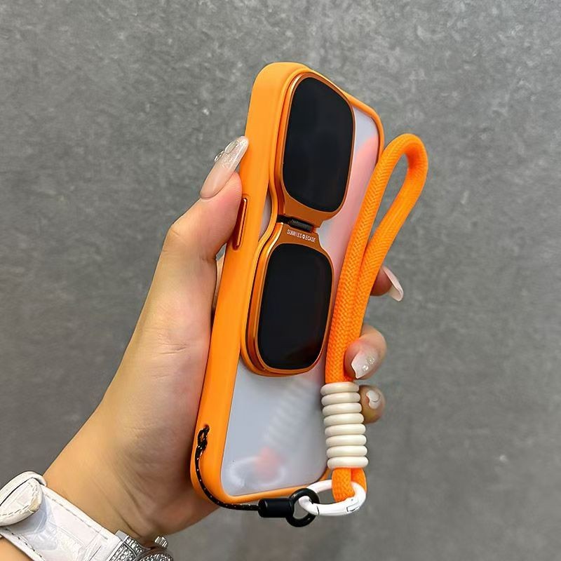 Sáng Tạo Kim Loại Kính Mát Gấp Chủ Dây Buộc Điện Thoại Trong Suốt Trường Hợp Đối Với iPhone 15 14 13 12 Promax Ống Kính Máy Ảnh Bảo Vệ Cứng Chống Sốc Cover Quay Lại