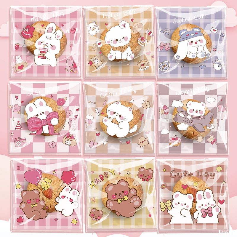 🏵️COD🏵️Sét 100 túi nhỏ cute (7*7+3cm), túi opp dán miệng mini họa tiết hoạt hình dễ thương