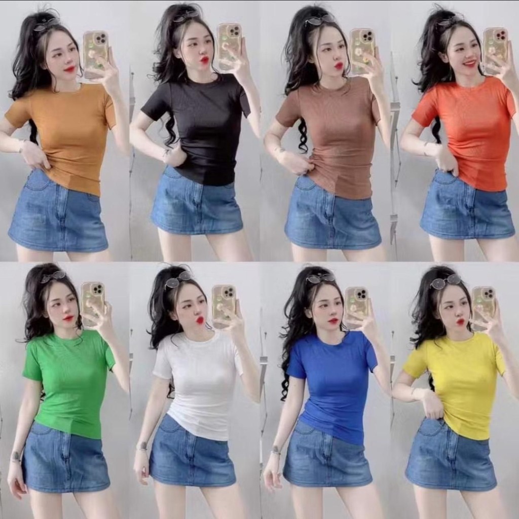 Áo Thun Ôm Body cổ Tròn Ngắn Tay Chất Gân Đẹp Có Size M L tới 57kg mã nh61