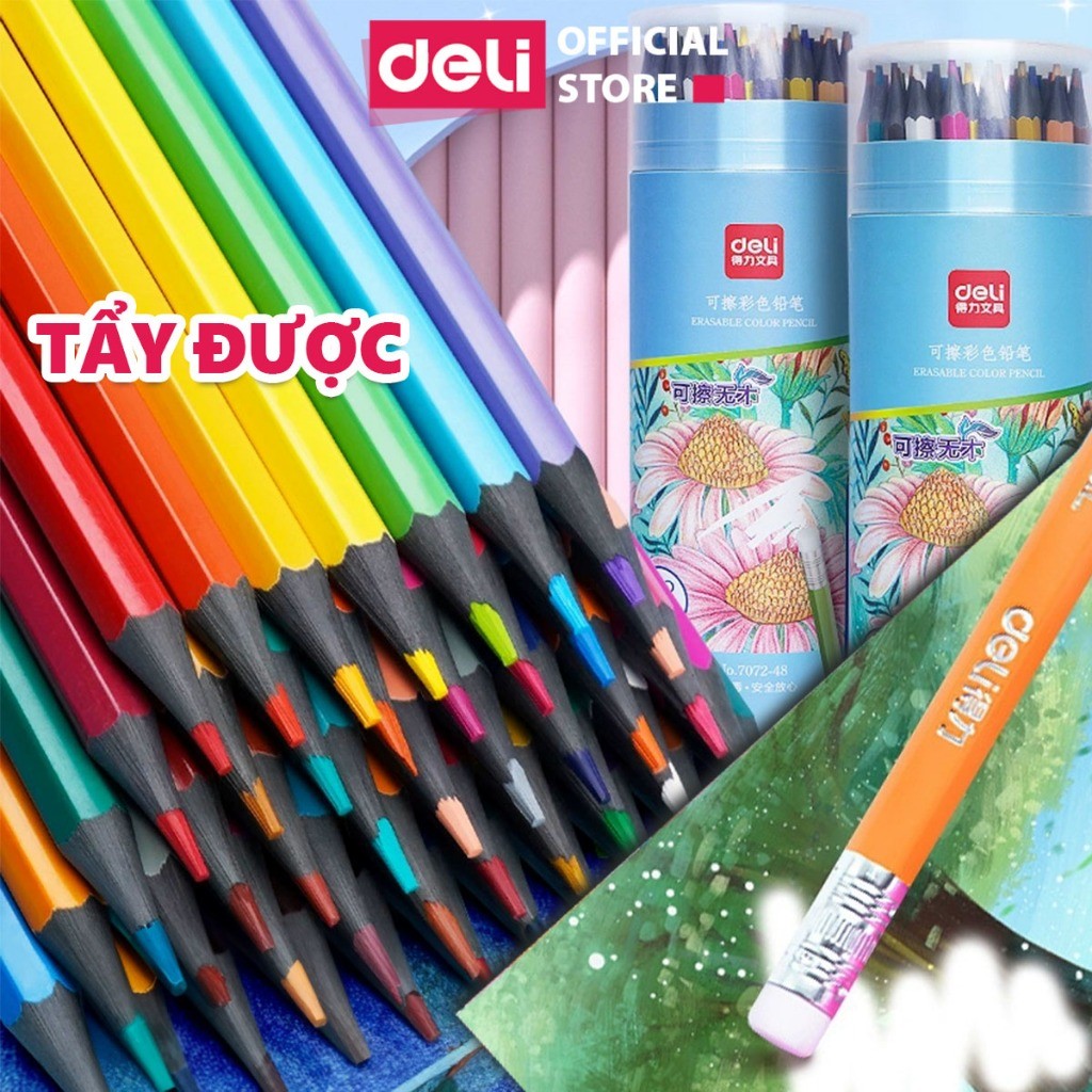 Bút Chì Màu Xóa Được Deli - Bút Chì Màu Học Sinh Chì Đen Cao Cấp Lõi Chì Dày Hơn - 12/24/36/48 Màu S