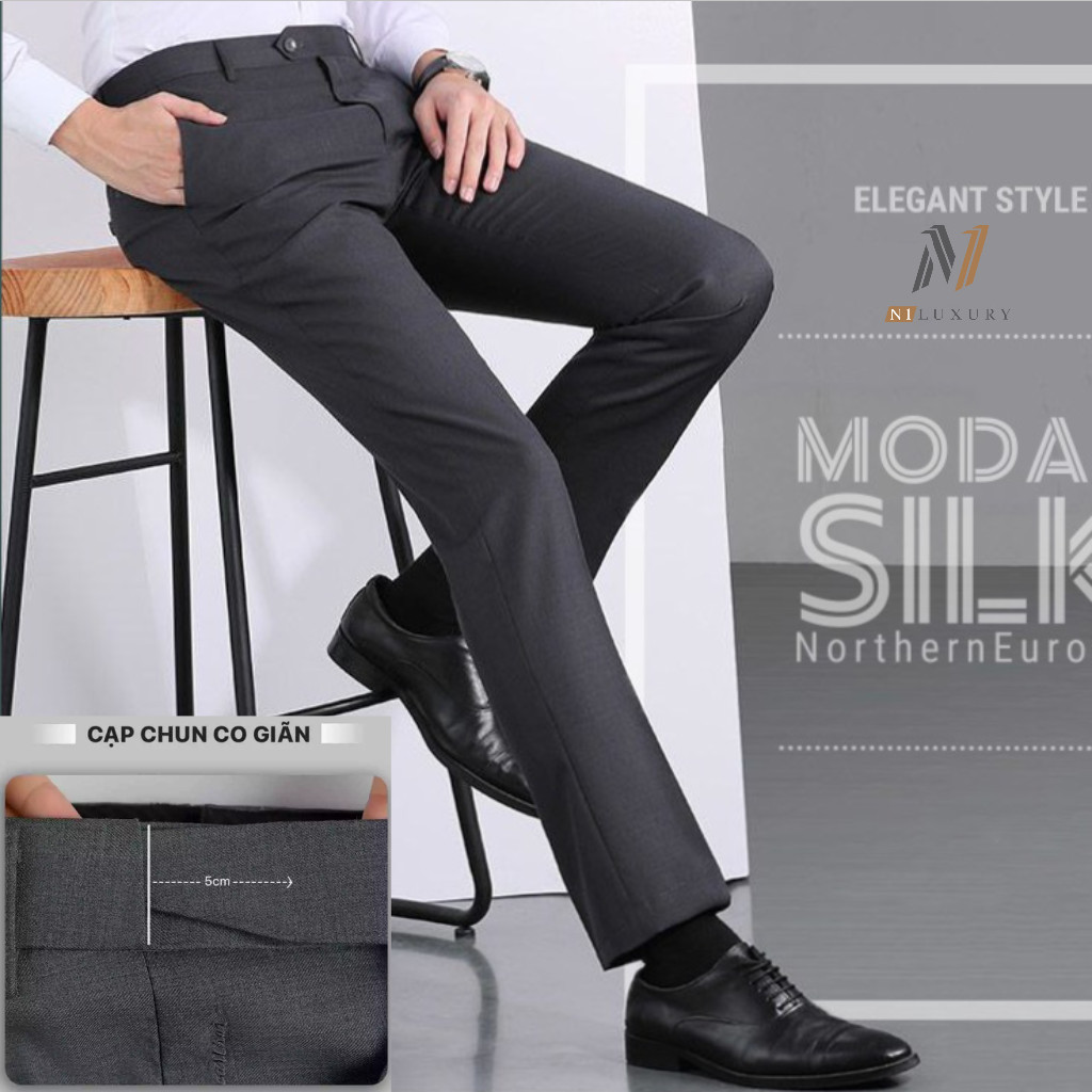 Quần Tây Nam CẠP CHUN ẨN Cao Cấp N1LUXURY VNXK vải Cotton Lạnh Không Nhăn, Không Xù, Co Dãn Nhẹ, Tha