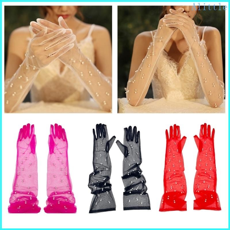 Bridal Gloves Pearls Studded Bride Full Finger Tulle for Women Girls Dress up
