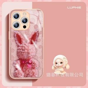 Ốp iphone lưng Kính rabbit thỏ hồng hoa viền hồng dành cho dòng ip 14 13 12 Pro Max X XS XR 6 6s plu