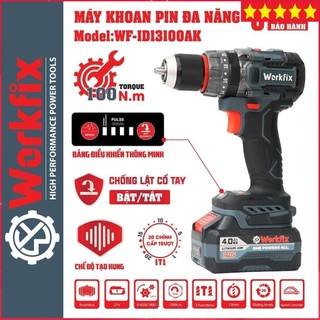  Máy khoan pin WORKFIX WF-ID13100AK Có Anti-kickback + Tạo xung Lực siết 100NM Động cơ Không chổi than 13MM 