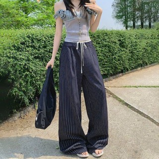  Quần dài nữ kẻ phối sọc cạp chun trắng ống rộng nam nữ mẫu mới new new 