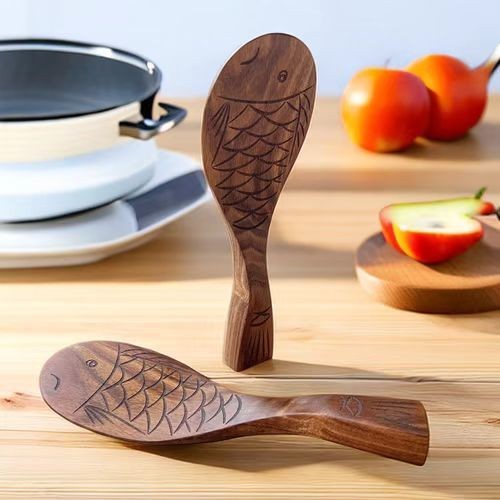 Hot Sale#Natural Teak Wood Unpainted Solid Wood Fish Shape Thickened Standable Rice Serving Spoon Hi