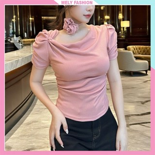 Áo thun kiểu nữ nhún eo tay bồng Mely Fashion cổ đổ cộc tay ôm body giấu bụng tôn dáng đen be hồng đỏ bigsize AL53