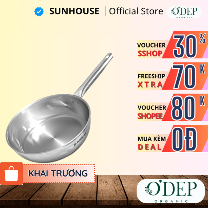 Chảo inox 304 đa lớp Sunhouse IN20M6 - IN24M6 - IN26M6 20-24-26cm dùng với mọi loại bếp - SSHOP SHL