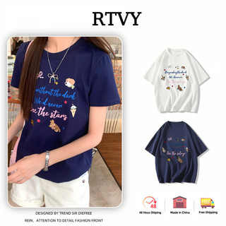 「RTVY」Áo thun Cotton ngắn tay nguyên chất Oversize dáng rộng thường ngày dành cho nữ