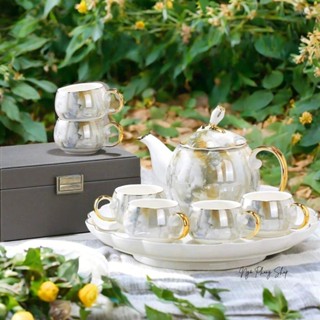Bộ bình trà sứ vân đá cao cấp - Bộ bình trà kèm ly và khay đựng - Họa tiết sinh động, sang trọng.