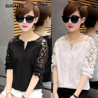 Gjcute Áo Sơ Mi Ren Ngoài Vai Lớn Hơn Size Nữ Rời Phiên Bản Hàn Quốc Áo Sơ Mi Móc Hoa Rỗng Áo Plus Kích Thước WTD