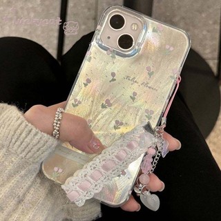 Ốp điện thoại iPhone 15 14 13 12 11 Pro Max X Xr Xs Max 7 8 Plus SE2020 Trái tim cô gái tươi tắn Hoa Tulip hồng dễ thương + Dây buộc Vỏ điện thoại mềm