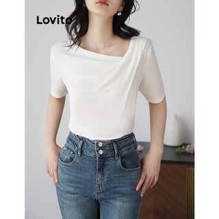 Áo thun Lovito màu trơn xếp nếp bất đối xứng phong cách thường ngày cho nữ LNE56198