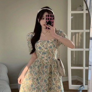 Váy Liền Tay Phồng Cổ Vuông Cao Cấp Kiểu Pháp Váy Liền Hoa Nhí Voan Quý Cô Khí Chất Gầy Cho Cô Nàng Mập Mùa Hè
