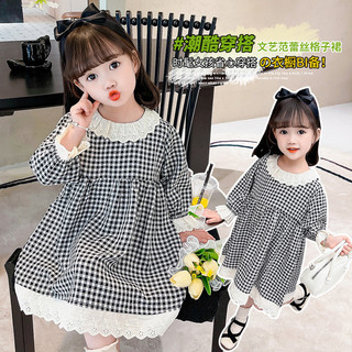 Đầm ren cổ búp bê dài tay cho bé gái Váy ca rô màu đen trắng phong cách Hàn Quốc