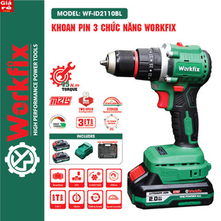 Máy khoan pin WORKFIX ID2110BL, 3 Chức năng, Động cơ Không chổi than, Lực siết 45nm, TOOLS Máy rẻ