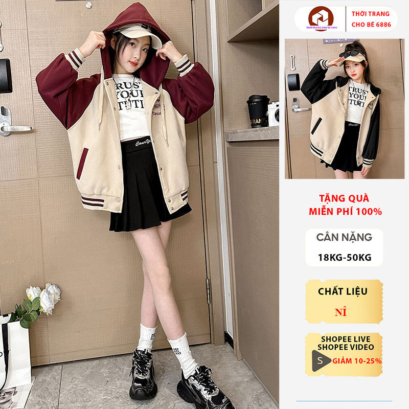 Áo bomber bé gái, áo khoác bomber bé gái 18-52kg mẫu YIBR, áo khoác bóng chày nỉ dày dặn, áo khoác thu đông bé gái
