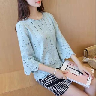 Phiên Bản Hàn Quốc Mùa Xuân Thu Trumpet Tay Dệt Kim Nữ Áo Chui Đầu Rời Mỏng Ba Phần Tư Tay Ngắn Cổ Tròn Dây Xích Liên Kết Áo Len Rỗng