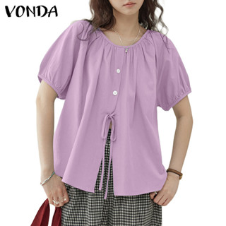 Vonda Nữ Hàn Quốc Cổ Tròn Màu Trơn Tay Phồng Rời Áo