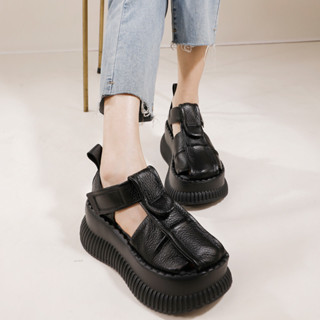 Dép Lê bít mũi phong cách Anh đầu to da thật dệt nguyên bản 2024 giày lười thời trang nữ đường phố cao mẫu Mới Xuân Hè