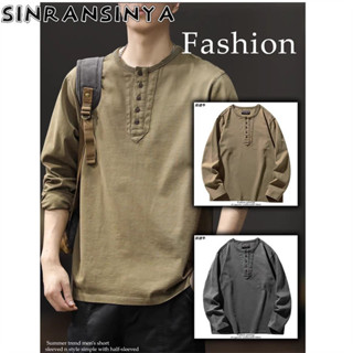 Sinransinya Áo thun nam mới Nhật Bản cổ điển giản dị cao cấp màu trơn thiết kế nửa nút dáng rộng cặp đôi tuổi teen thời trang áo dài tay