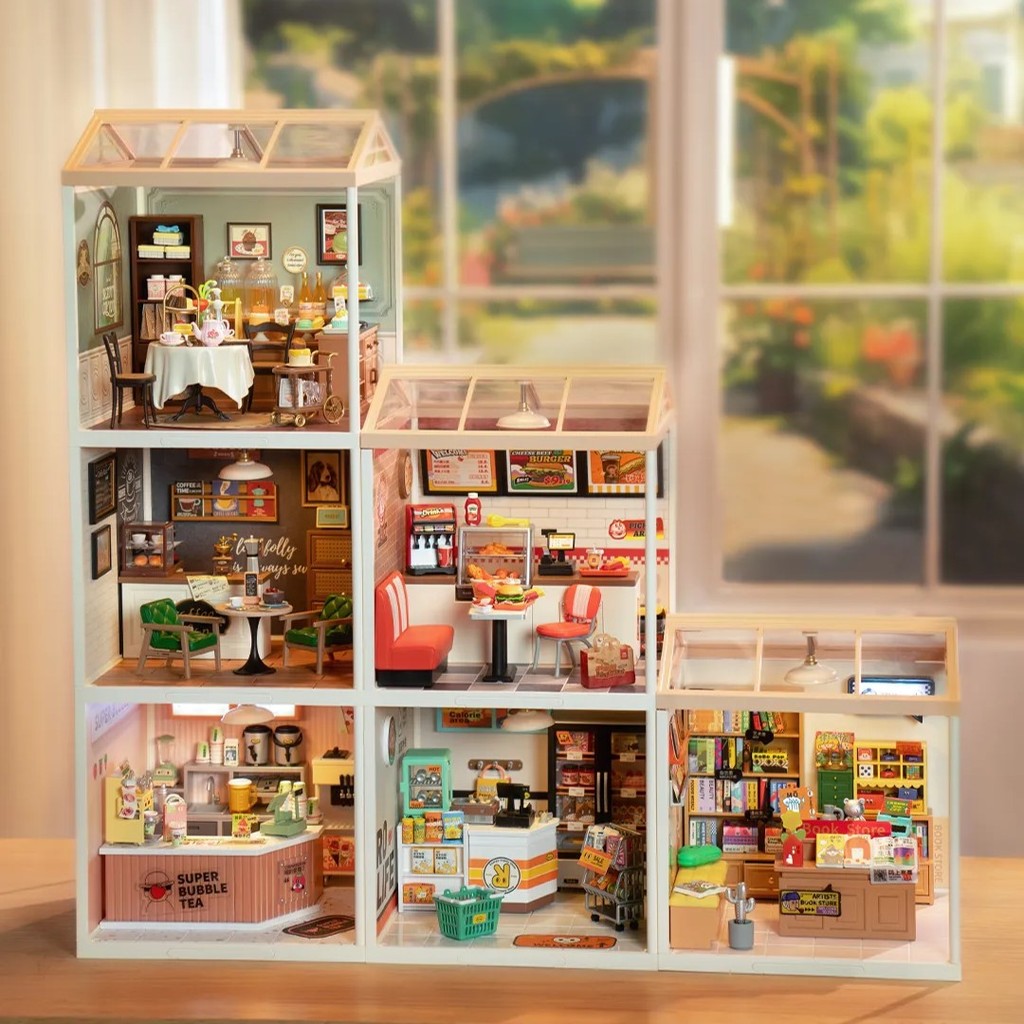 Mô Hình Nhà Búp Bê Cửa Hàng Mini Robotime Rolife Super Creator, Nhà Mini Bằng Nhựa Đèn Led CleverBox