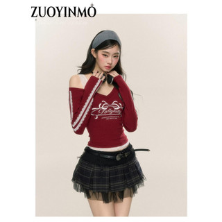 ZUOYINMO áo croptop áo trễ vai tay dài tee phổ biến Vintage Fashion Korean WCS24A02FK 41Z241010