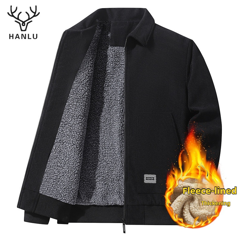 Áo khoác nam HANLU, ve vải nhung, màu trơn, công sở giản dị, cộng với nhung, dày, ấm áp