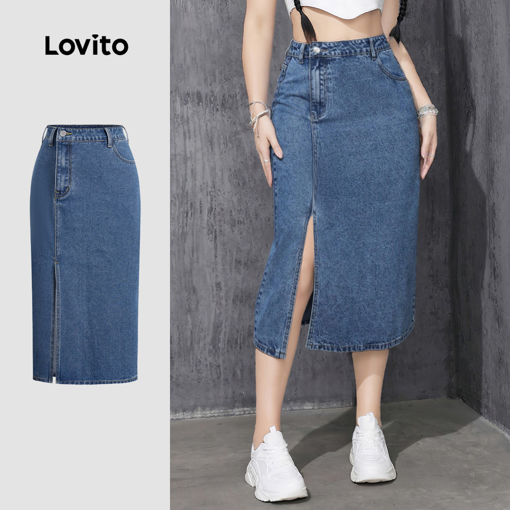 (New) Lovito Chân váy jeans casual xẻ bất đối xứng túi mùa xuân/hè màu xanh denim nữ L142ED172