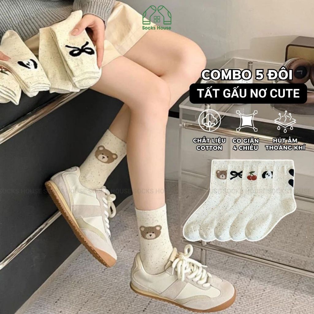 Set 5 đôi tất cao cổ nữ họa tiết gấu nơ Socks House, vớ chân cotton phong cách Hàn Quốc hot trend – 