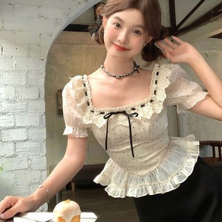 [Man Xueqian] Mùa Hè Mới Khí Chất Thắt Nơ Chấm Bi Cổ Vuông Ngắn Tay Phồng