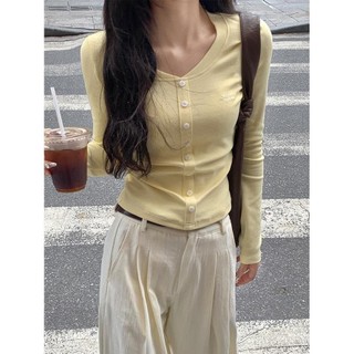 Yuewen Áo Sơ Mi Đáy Vàng Nữ Mặc Bên Trong Mùa Xuân Hợp Thời Trang Phong Cách Hàn Quốc Nút Slim-fit Chải Áo Thun Dài Tay